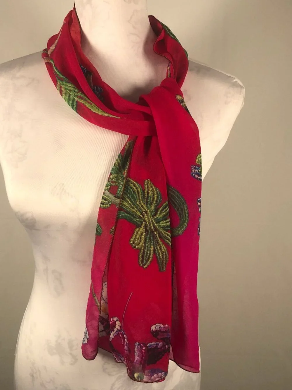 Vintage Signed Wearable Art Chiffon Scarf – Cherry Red Botanical Art Scarf